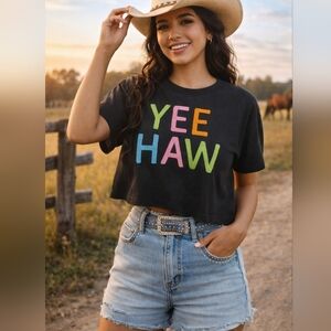 NWT Merigold Kiss Black Cropped Tee with Colorful 'YEE HAW' Size XL